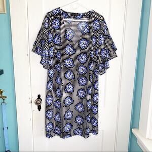 Eloquii Bold Blue Floral Print Black White Polka Dot V-Neck Dress Size 16 NWT